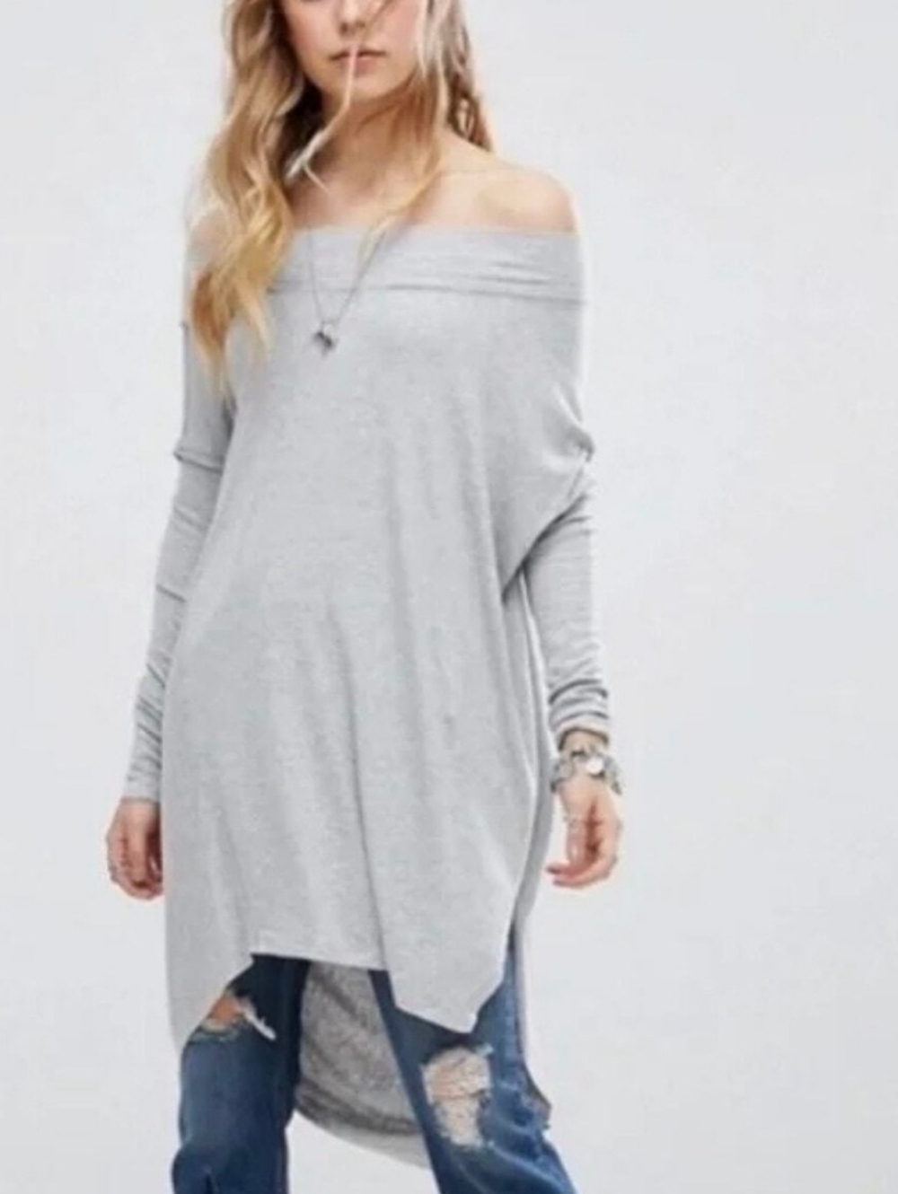 Free People Grapewine Soft Off-Shoulder Long Sleeve Tunic Sweater - Light Gray